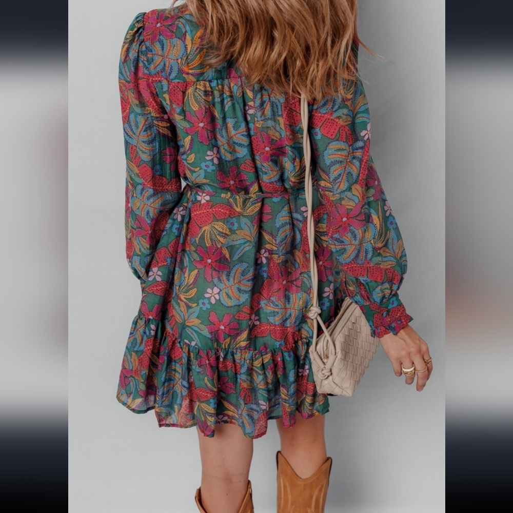 Leaf Print Ruffle Mini Dress - Picture 3 of 6